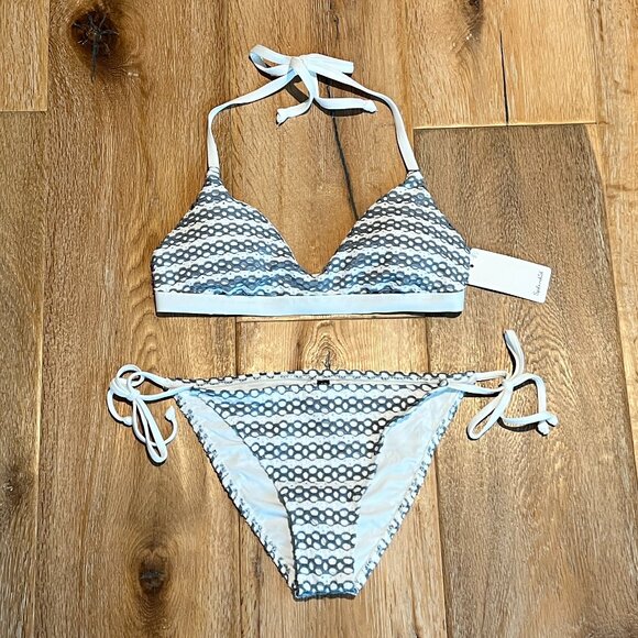Splendid Avalon Eyelet Bikini Top & Matching Side Tie Bottoms Gray & White Sz S - Picture 1 of 8